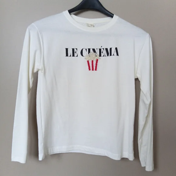 🪇2for$15 Ptp17" Zara Cotton White long sleeve 'Le Cinéma' Graphic Tee Xs - Picture 4 of 11